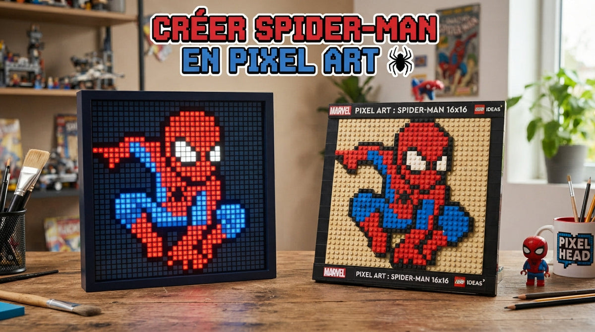 Pixel art Spider-Man : la grille 16x16 et le tableau en plots