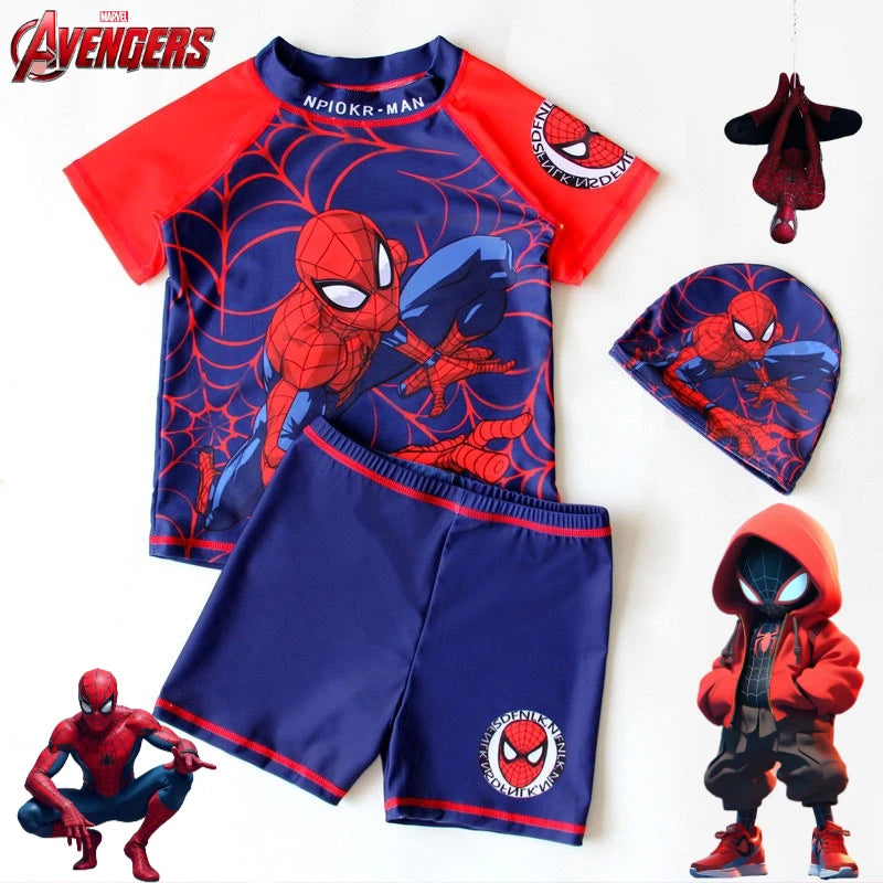 Set completo di costume da bagno e cuffia da nuoto di Spider-Man per bambini